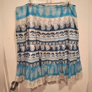 Chaps Women's Blue Multi Print Tiered Midi Skirt Sz 12-Boho Western Hippie Gypsy